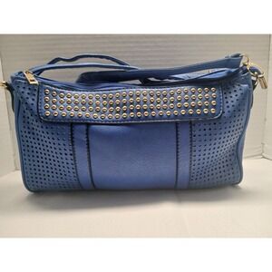 Yoki Blue Faux Leather Handbag Studded Perforated Crossbody Shoulder Bag